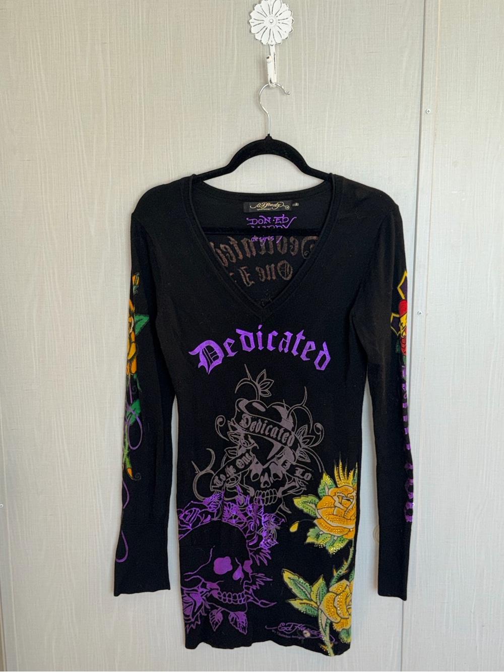 RARE Y2K ED HARDY Bedazzled Beaded Tattoo Knit Mini Dress Medium